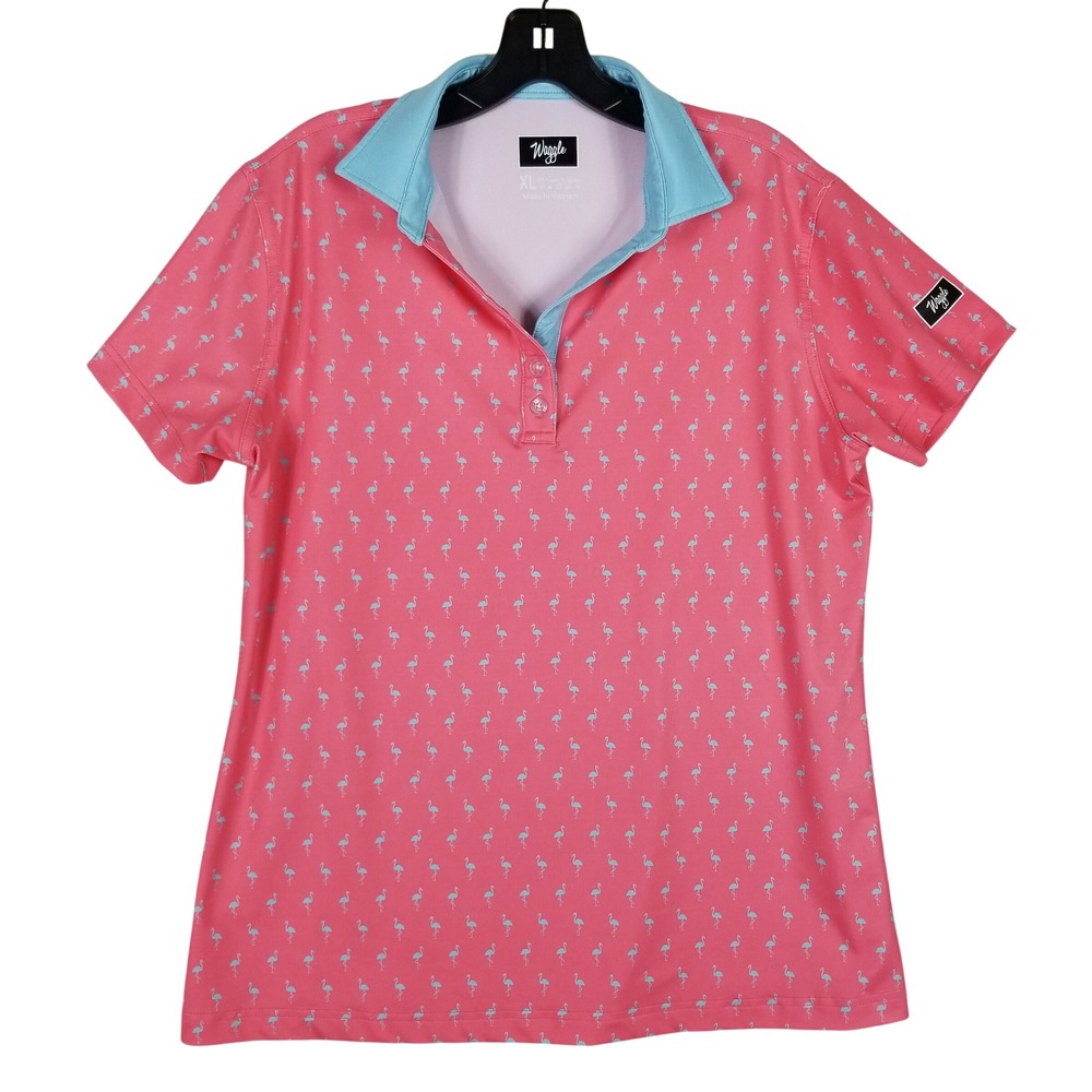 Waggle Golf Polo Women XL Pink Flamingo Print Short Sleeve Performance Shirt